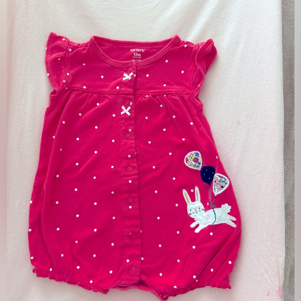 Carter’s 12m light red/pink small white polkadot short onesie/romper.